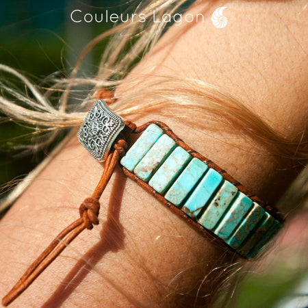 gros plan attache - Bracelet Bleu Turquoise Cuir & Pierres Naturelles Océan - Couleurs Lagon