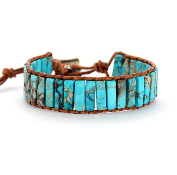 sur table - Bracelet Bleu Turquoise Cuir & Pierres Naturelles Océan - Couleurs Lagon