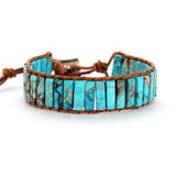 sur table - Bracelet Bleu Turquoise Cuir & Pierres Naturelles Océan - Couleurs Lagon