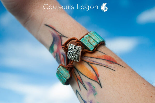 boucle - Bracelet Bleu Turquoise Cuir & Pierres Naturelles Océan - Couleurs Lagon