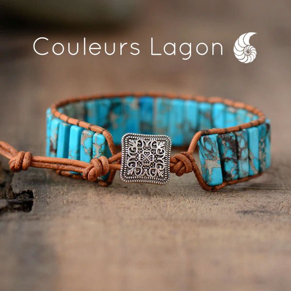 présentation - Bracelet Bleu Turquoise Cuir & Pierres Naturelles Océan - Couleurs Lagon
