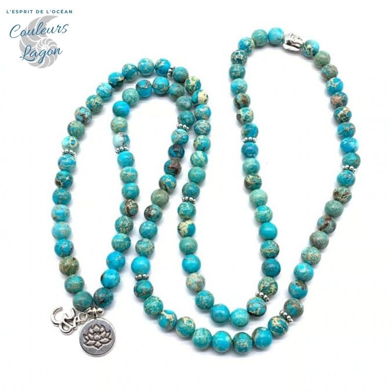 Bracelet Collier Mala OM Perles Bleu Lagon - Couleurs Lagon