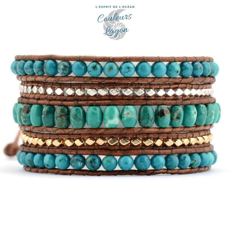 Bracelet Cuir Or - Argent & Pierre Naturelle Turquoise - Couleurs Lagon