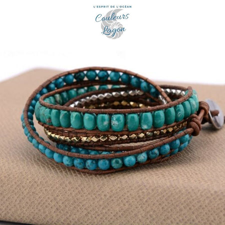 Bracelet Cuir Or - Argent & Pierre Naturelle Turquoise - Couleurs Lagon