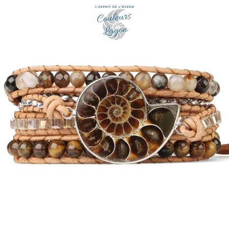 Bracelet Cuir Pierre Naturelle Ammonite Nautile Oeil De Tigre - Couleurs Lagon