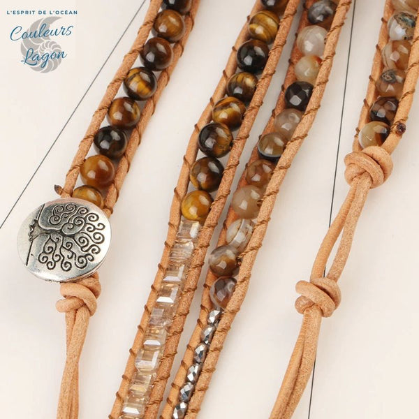 Bracelet Cuir Pierre Naturelle Ammonite Nautile Oeil De Tigre - Couleurs Lagon