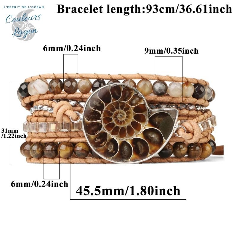 Bracelet Cuir Pierre Naturelle Ammonite Nautile Oeil De Tigre - Couleurs Lagon
