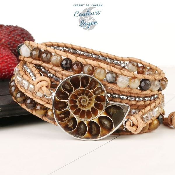 Bracelet Cuir Pierre Naturelle Ammonite Nautile Oeil De Tigre - Couleurs Lagon
