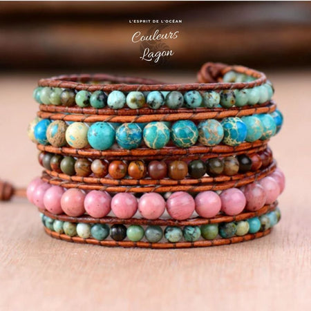 Bracelet Cuir & Pierre Naturelle Rose et Turquoise - Couleurs Lagon