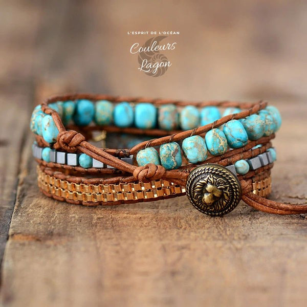 Bracelet Cuir & Pierre Naturelle Turquoise - Couleurs Lagon