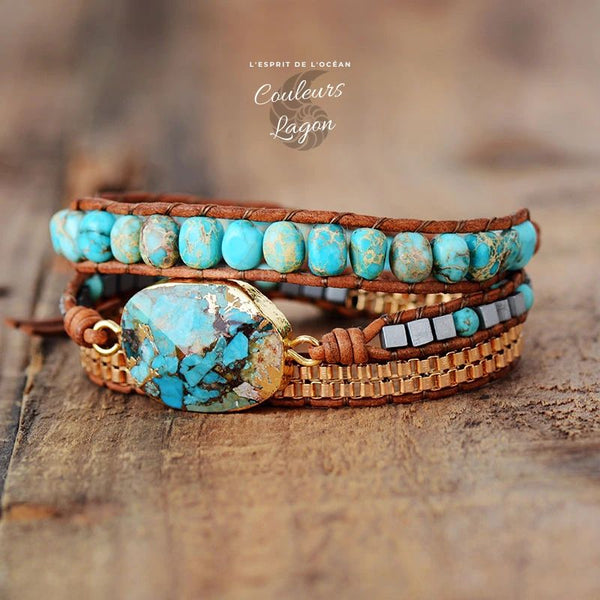 Bracelet Cuir & Pierre Naturelle Turquoise - Couleurs Lagon