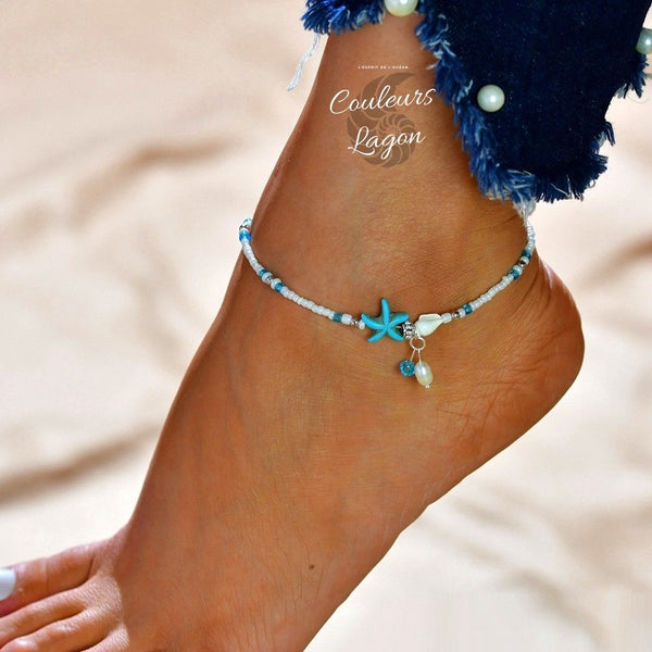Bracelet de cheville Coquillage et Etoile de mer Couleurs Lagon - Couleurs Lagon