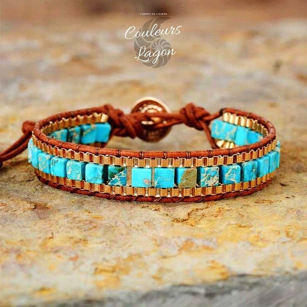 Bracelet en cuir de vachette tissé à la main turquoise naturel - Couleurs Lagon