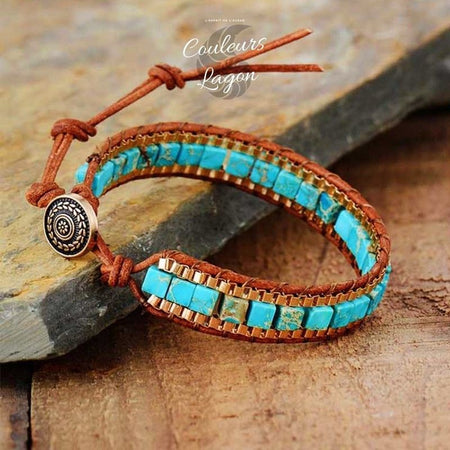 Bracelet en cuir de vachette tissé à la main turquoise naturel - Couleurs Lagon