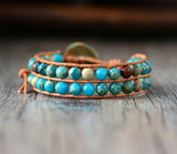 Bracelet En Cuir Et Pierre Bleu Naturel Véritable Diamètre 6mm Océan - Couleurs Lagon