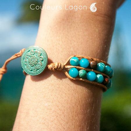 Bracelet En Cuir Et Pierre Bleu Naturel Véritable Diamètre 6mm Océan - Couleurs Lagon