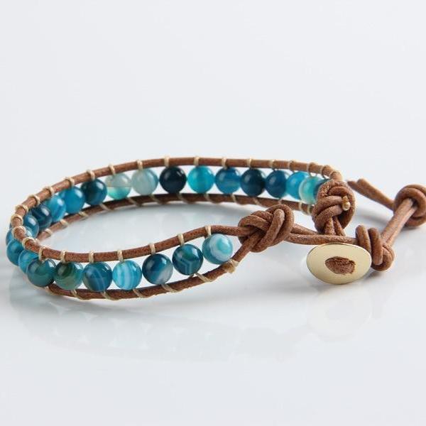 Bracelet en cuir naturel et perles bleu Onyx Océan - Couleurs Lagon