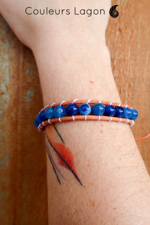 Bracelet en cuir naturel et perles bleu Onyx Océan - Couleurs Lagon