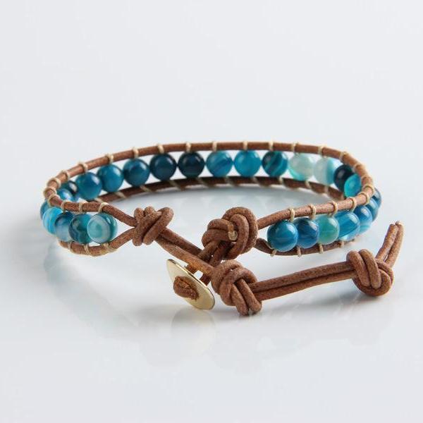 Bracelet en cuir naturel et perles bleu Onyx Océan - Couleurs Lagon