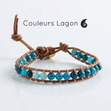 Bracelet en cuir naturel et perles bleu Onyx Océan - Couleurs Lagon