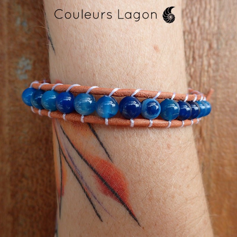Bracelet en cuir naturel et perles bleu Onyx Océan - Couleurs Lagon