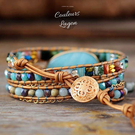 Bracelet en cuir tressé à la main avec pierre naturelle de Tianhe - Couleurs Lagon