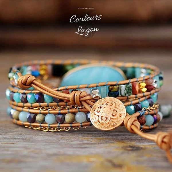 Bracelet en cuir tressé à la main avec pierre naturelle de Tianhe - Couleurs Lagon