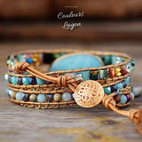 Bracelet en cuir tressé à la main avec pierre naturelle de Tianhe - Couleurs Lagon