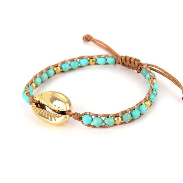 Bracelet Femme Puka Or Coquillage et Pierre Naturelle Océan - Couleurs Lagon