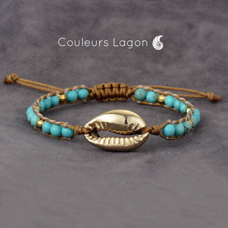 Bracelet Femme Puka Or Coquillage et Pierre Naturelle Océan - Couleurs Lagon