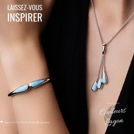 parure pendentif et Bracelet Goutte d'Eau Argent 925 et Larimar - Couleurs Lagon