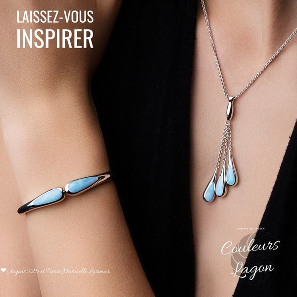 parure pendentif et Bracelet Goutte d'Eau Argent 925 et Larimar - Couleurs Lagon