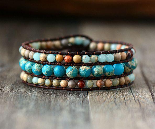 Bracelet Océan En Pierre de Jaspe et Cuir Océan - Couleurs Lagon