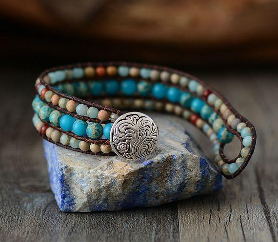 Bracelet Océan En Pierre de Jaspe et Cuir Océan - Couleurs Lagon