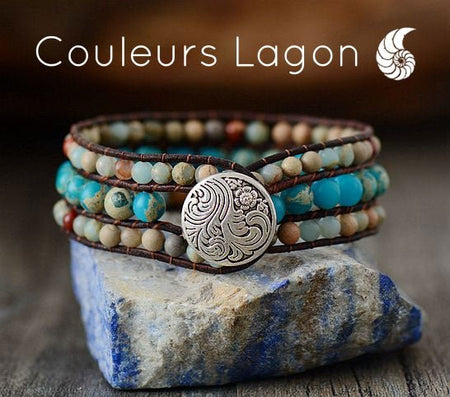 Bracelet Océan En Pierre de Jaspe et Cuir Océan - Couleurs Lagon