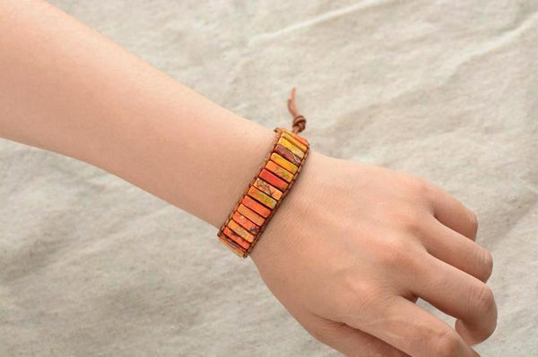 Bracelet Orange Corail Cuir et Pierres Naturelles Océan - Couleurs Lagon