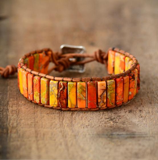 Bracelet Orange Corail Cuir et Pierres Naturelles Océan - Couleurs Lagon