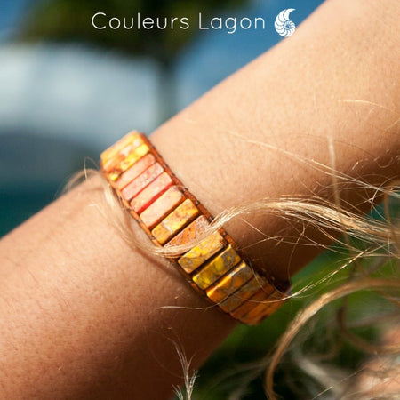 Bracelet Orange Corail Cuir et Pierres Naturelles Océan - Couleurs Lagon
