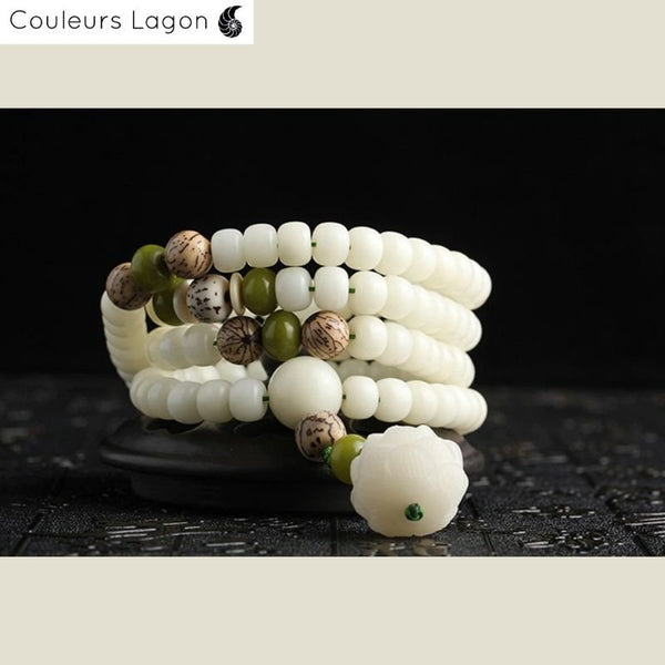 Bracelet Perles Mala Yoga Fleure de Lotus Blanc - Couleurs Lagon