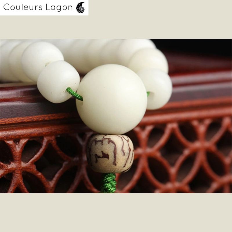 Bracelet Perles Mala Yoga Fleure de Lotus Blanc - Couleurs Lagon