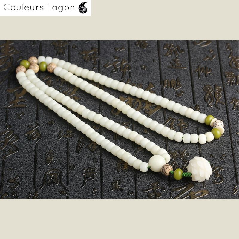 Bracelet Perles Mala Yoga Fleure de Lotus Blanc - Couleurs Lagon