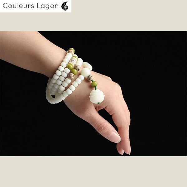 Bracelet Perles Mala Yoga Fleure de Lotus Blanc - Couleurs Lagon