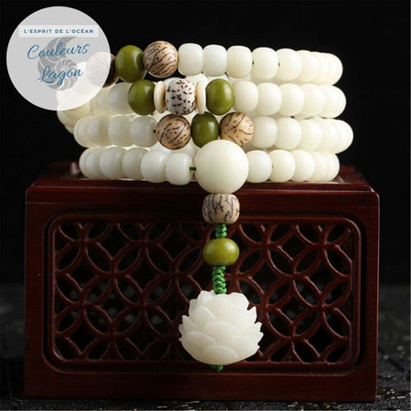 Bracelet Perles Mala Yoga Fleure de Lotus Blanc - Couleurs Lagon