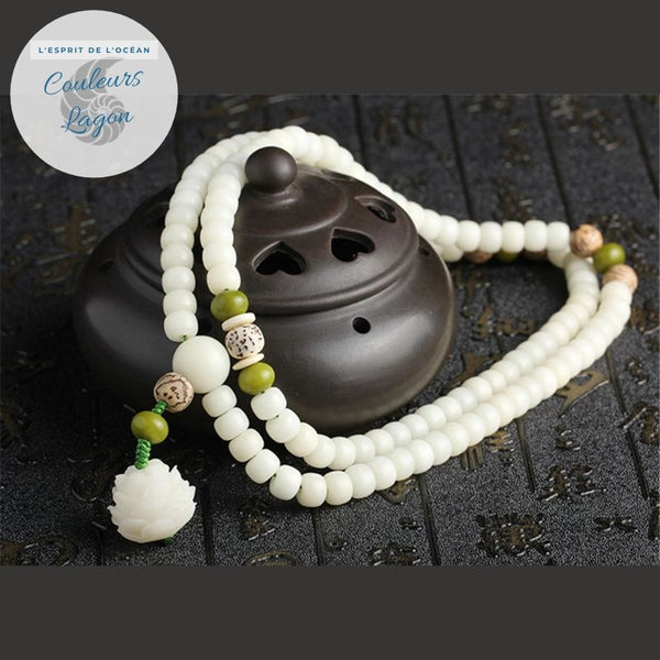Bracelet Perles Mala Yoga Fleure de Lotus Blanc - Couleurs Lagon