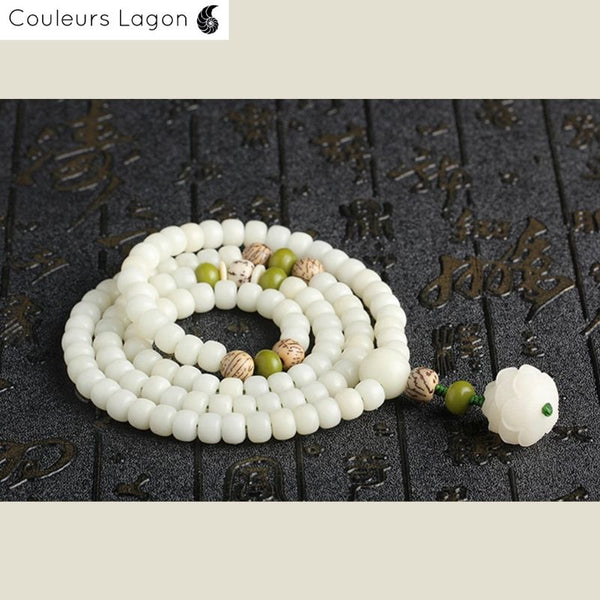 Bracelet Perles Mala Yoga Fleure de Lotus Blanc - Couleurs Lagon