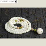 Bracelet Perles Mala Yoga Fleure de Lotus Blanc - Couleurs Lagon