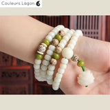 Bracelet Perles Mala Yoga Fleure de Lotus Blanc - Couleurs Lagon