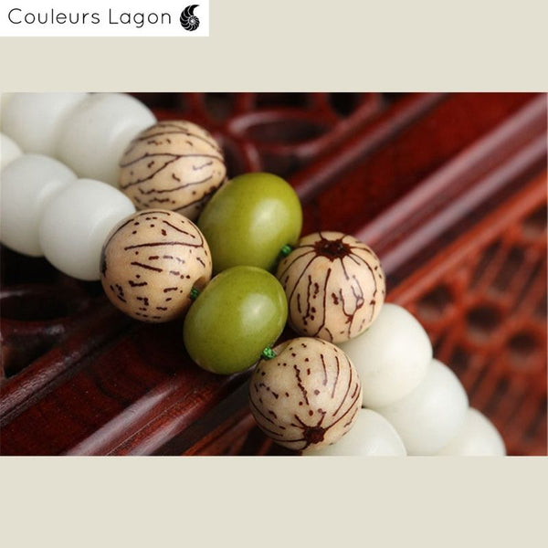Bracelet Perles Mala Yoga Fleure de Lotus Blanc - Couleurs Lagon