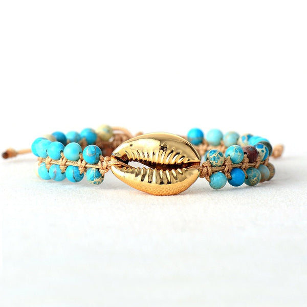 Bracelet Puka 2 Or et Pierre Naturelle Océan - Couleurs Lagon