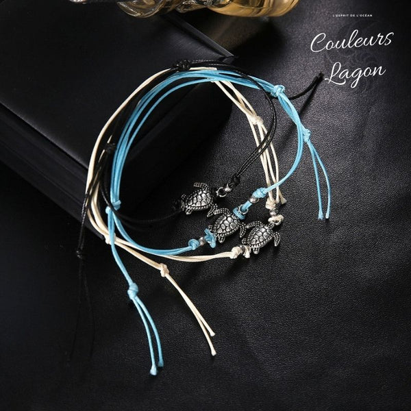 Bracelets de cheville Tortue de mer finition argent ancien - Couleurs Lagon